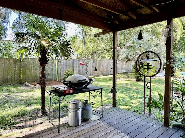 wooden terrace featuring fence and a lawn