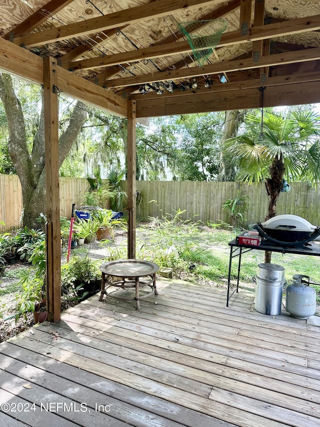 wooden terrace with a fenced backyard