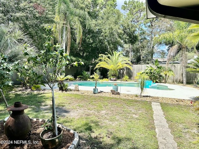 view of pool featuring a yard, a fenced backyard, and a fenced in pool