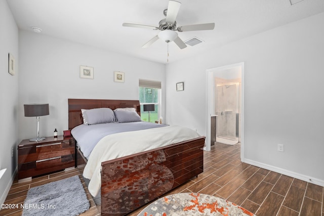 bedroom with wood tiled floor, visible vents, ceiling fan, and baseboards