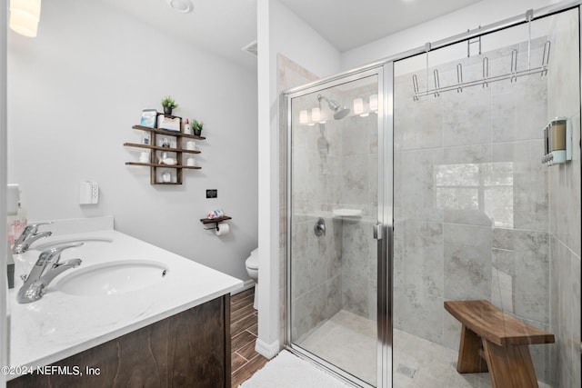 full bathroom with a sink, a shower stall, toilet, and double vanity