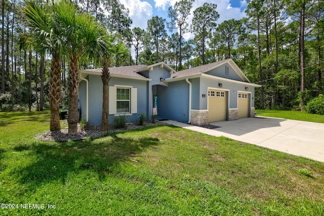 single story home with a garage, driveway, stone siding, stucco siding, and a front lawn