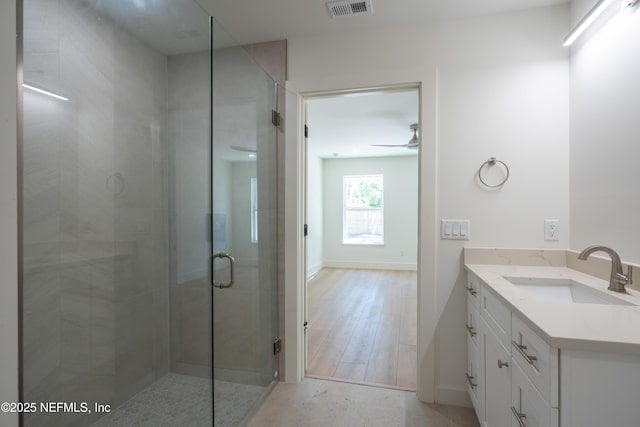 411 Royal Rd, Saint Augustine South, FL 32086 - bathroom with vanity, a shower stall, and ceiling fan