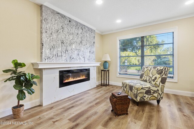 living area featuring a large fireplace, wood-type flooring, and crown molding