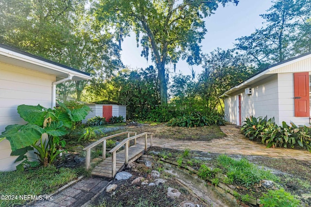 view of yard with a storage shed