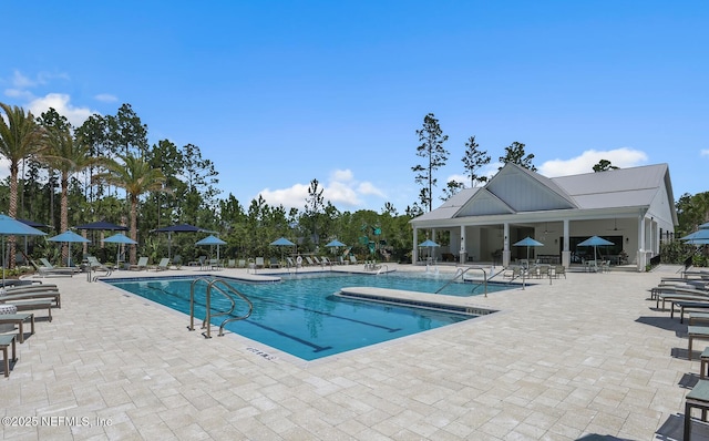 view of swimming pool with a patio