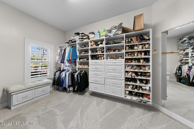 walk in closet featuring light colored carpet