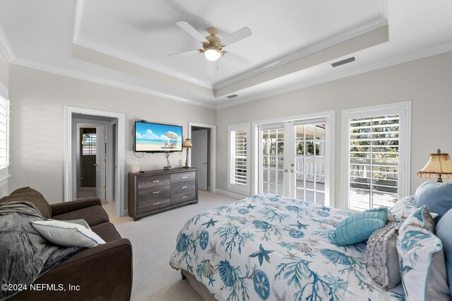 carpeted bedroom featuring multiple windows and a tray ceiling