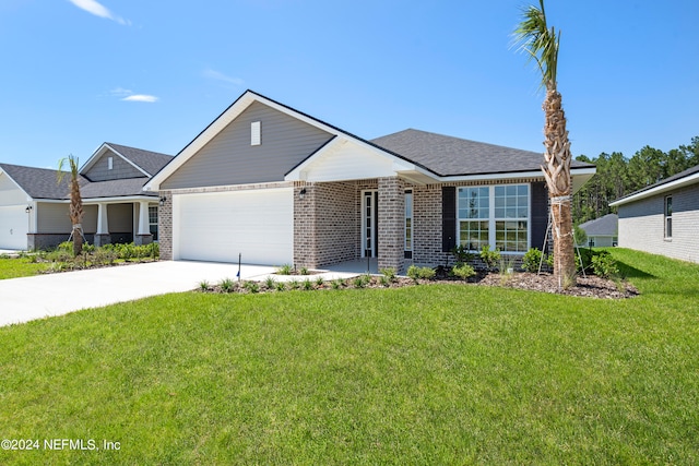 ranch-style home with a garage and a front lawn