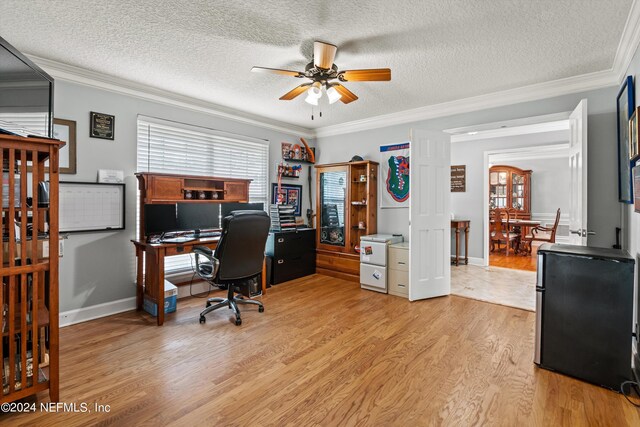 home office with crown molding, light hardwood / wood-style flooring, ceiling fan, and a textured ceiling