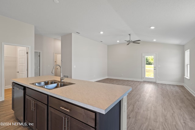 kitchen featuring light hardwood / wood-style flooring, sink, lofted ceiling, ceiling fan, and a kitchen island with sink