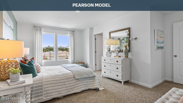 bedroom featuring light carpet