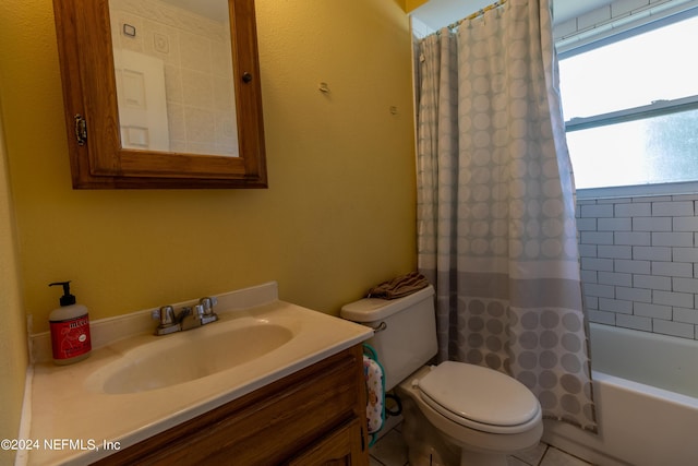 full bathroom with toilet, shower / bath combo, and vanity