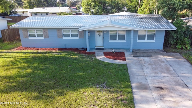 single story home featuring concrete block siding, fence, a front lawn, and metal roof