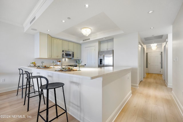 kitchen featuring a raised ceiling, a kitchen breakfast bar, light hardwood / wood-style flooring, stainless steel appliances, and kitchen peninsula