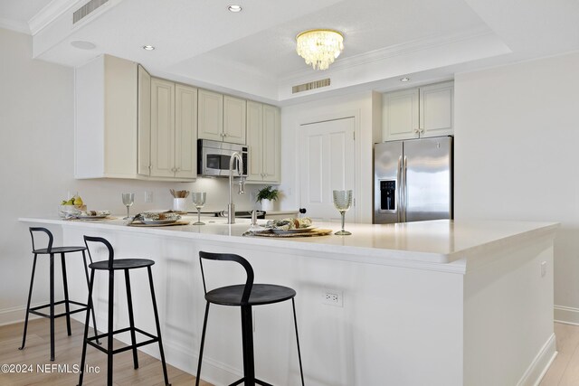 kitchen featuring light hardwood / wood-style flooring, an inviting chandelier, appliances with stainless steel finishes, and a tray ceiling