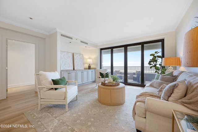 living room featuring light hardwood / wood-style flooring and ornamental molding