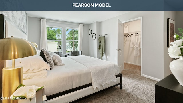 carpeted bedroom featuring a spacious closet and baseboards