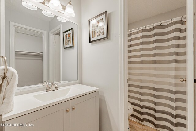 bathroom featuring a shower with shower curtain, vanity, toilet, and wood-type flooring