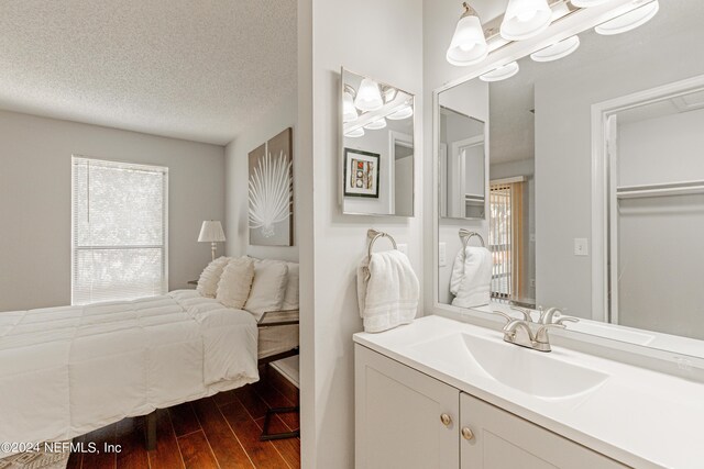 bathroom with vanity, a textured ceiling, and wood-type flooring