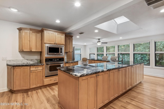 kitchen featuring stainless steel appliances, a skylight, light wood-type flooring, and ceiling fan