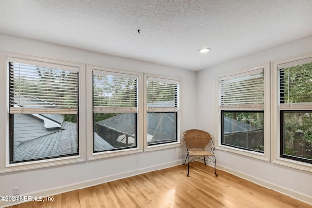 living area featuring a textured ceiling, light hardwood / wood-style flooring, and plenty of natural light