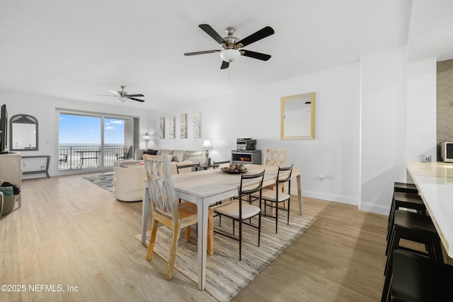 dining space featuring light hardwood / wood-style flooring and ceiling fan