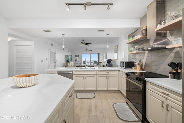 kitchen with ceiling fan, sink, wall chimney exhaust hood, tasteful backsplash, and appliances with stainless steel finishes