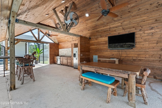 unfurnished dining area featuring wood walls, wood ceiling, ceiling fan, beam ceiling, and high vaulted ceiling