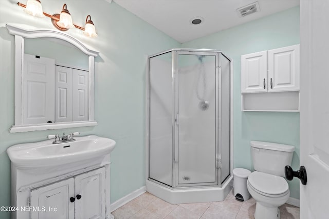 bathroom with a shower with door, toilet, tile patterned floors, and vanity