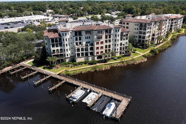 aerial view featuring a water view