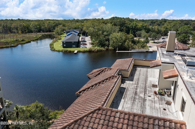 dock area with a forest view and a water view