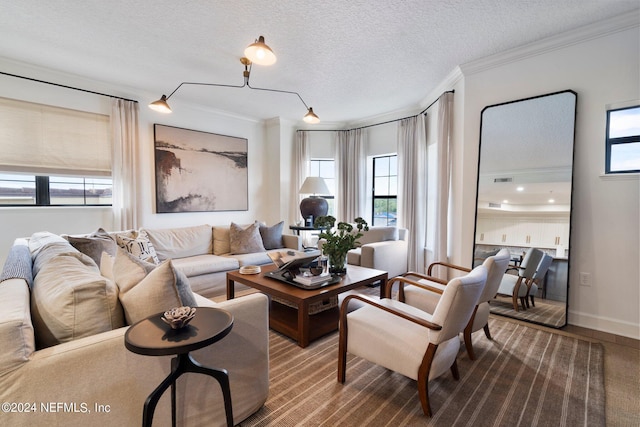 living area with a textured ceiling, ornamental molding, and baseboards