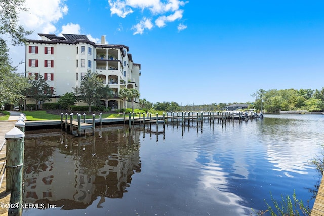 view of water feature with a boat dock