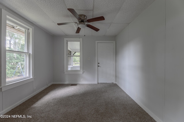 spare room featuring ceiling fan, a drop ceiling, and carpet floors