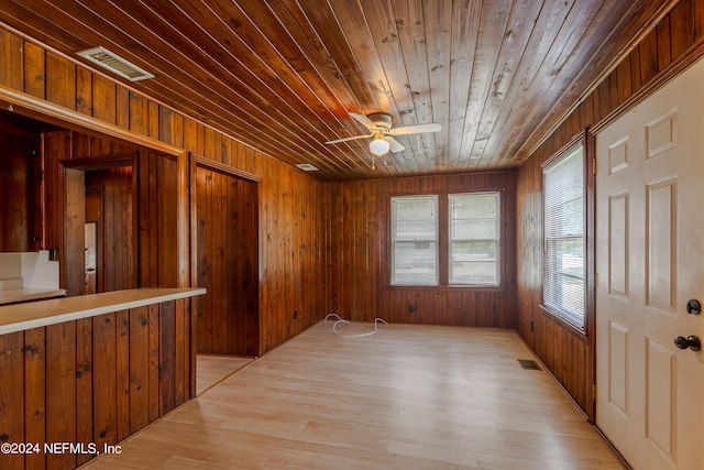 empty room featuring wood ceiling, ceiling fan, wood walls, and light hardwood / wood-style floors