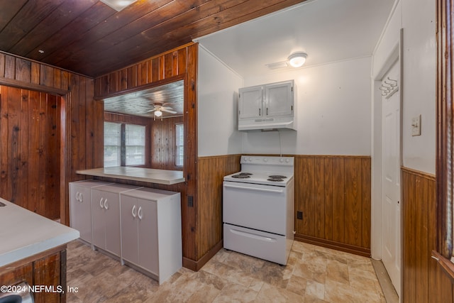 kitchen featuring white electric range, ceiling fan, wood ceiling, and wooden walls