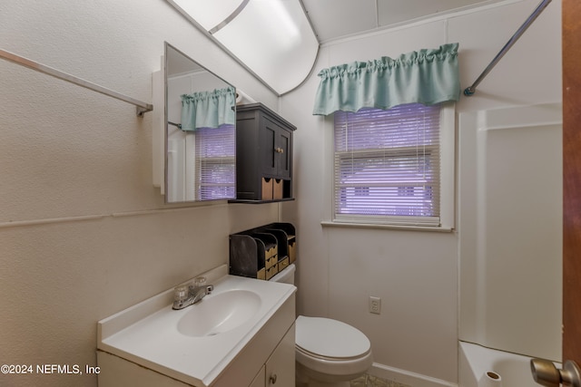 full bathroom with vanity, toilet, and bathing tub / shower combination