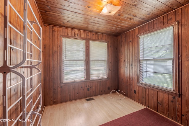 unfurnished room featuring wood walls, wood-type flooring, and wooden ceiling