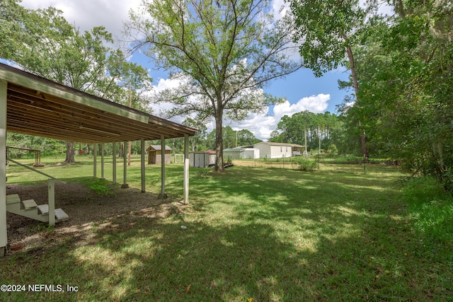 view of yard featuring a shed