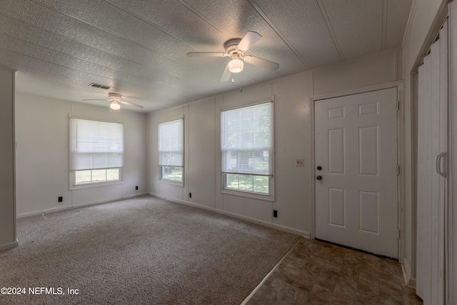 carpeted foyer featuring ceiling fan, plenty of natural light, and a textured ceiling