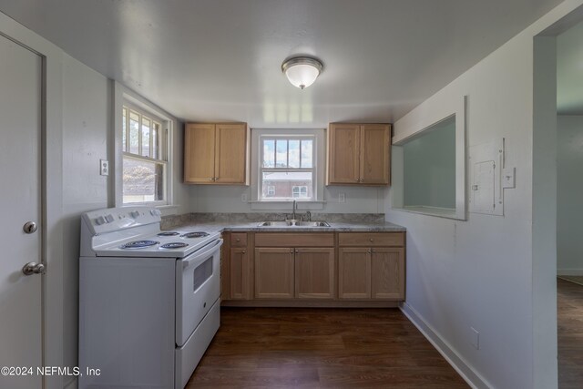 kitchen with dark wood-type flooring, sink, and electric range