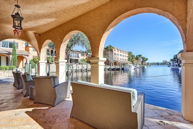 view of patio / terrace featuring a water view