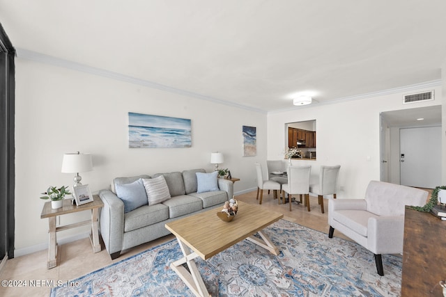 tiled living room with crown molding