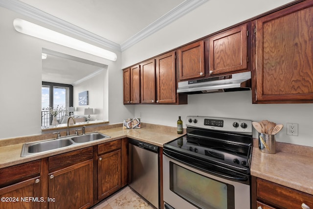 kitchen with appliances with stainless steel finishes, light tile patterned floors, ornamental molding, and sink