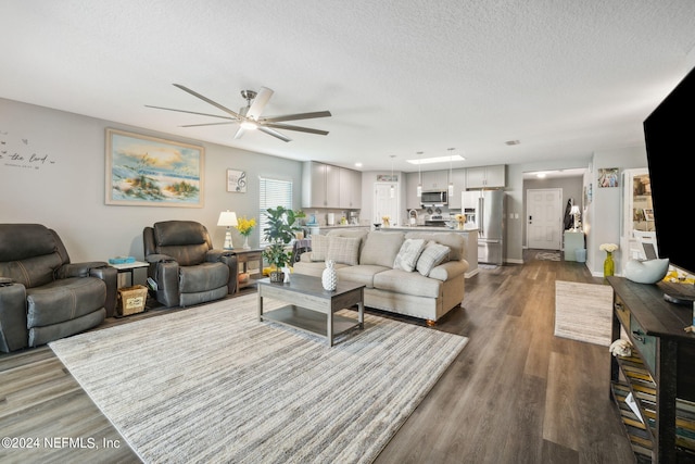 living area featuring a textured ceiling, a ceiling fan, and dark wood-style flooring