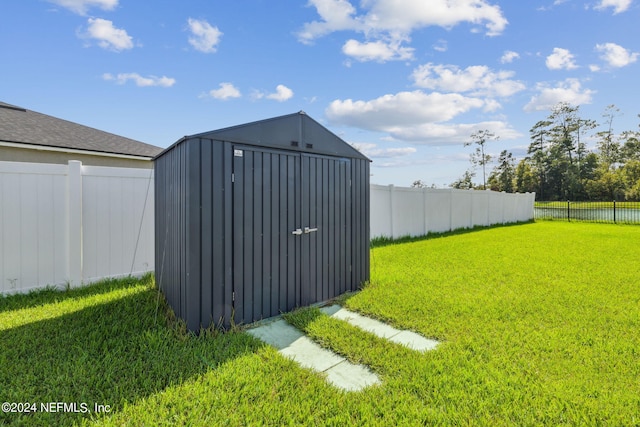 view of shed with a fenced backyard