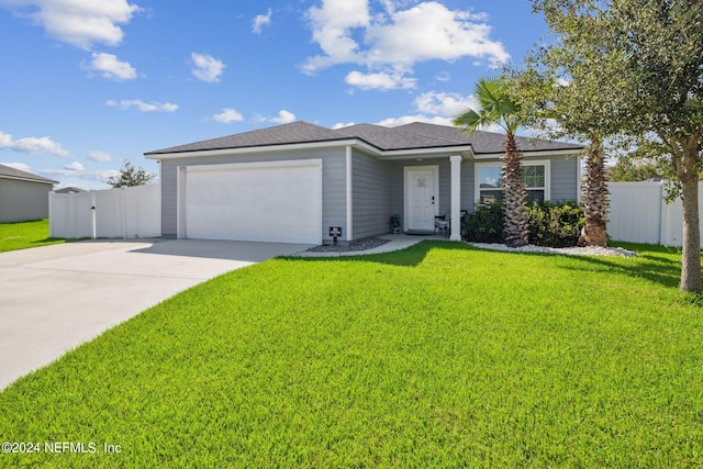 view of front of home with a garage, driveway, a front lawn, and fence