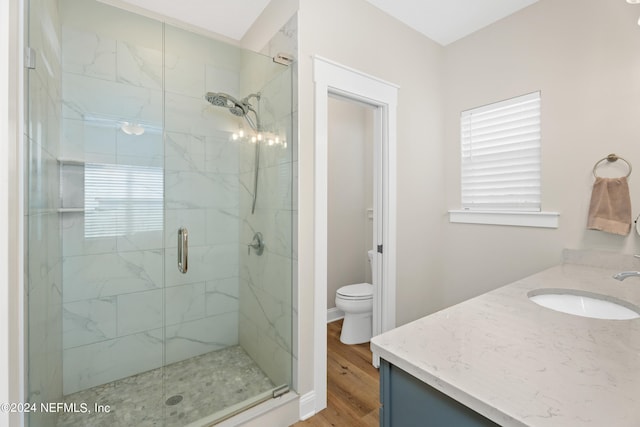 full bathroom with toilet, a stall shower, wood finished floors, and vanity