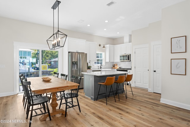 kitchen with stainless steel appliances, a kitchen island, visible vents, white cabinetry, and backsplash